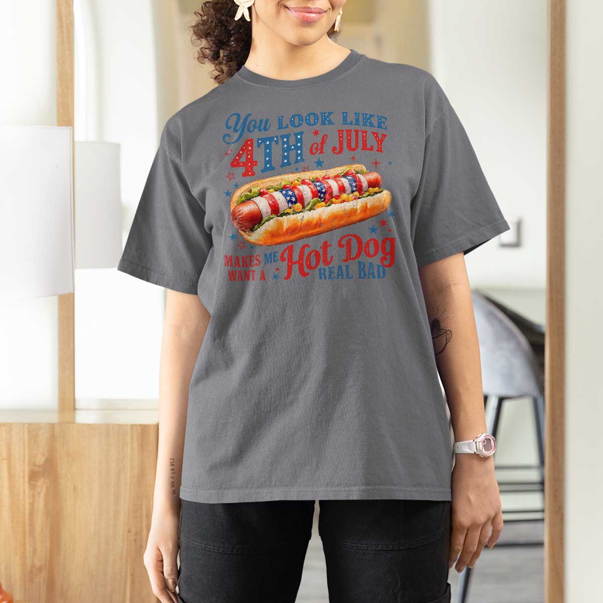 You Look Like 4th of July Hot Dog T Shirt For Women Funny Patriotic Food Meme - Wonder Print Shop
