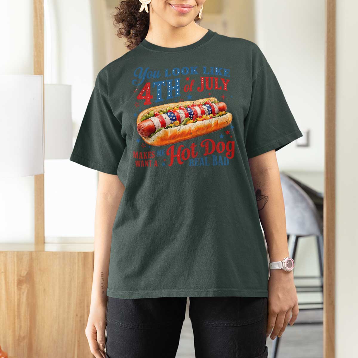 You Look Like 4th of July Hot Dog T Shirt For Women Funny Patriotic Food Meme - Wonder Print Shop