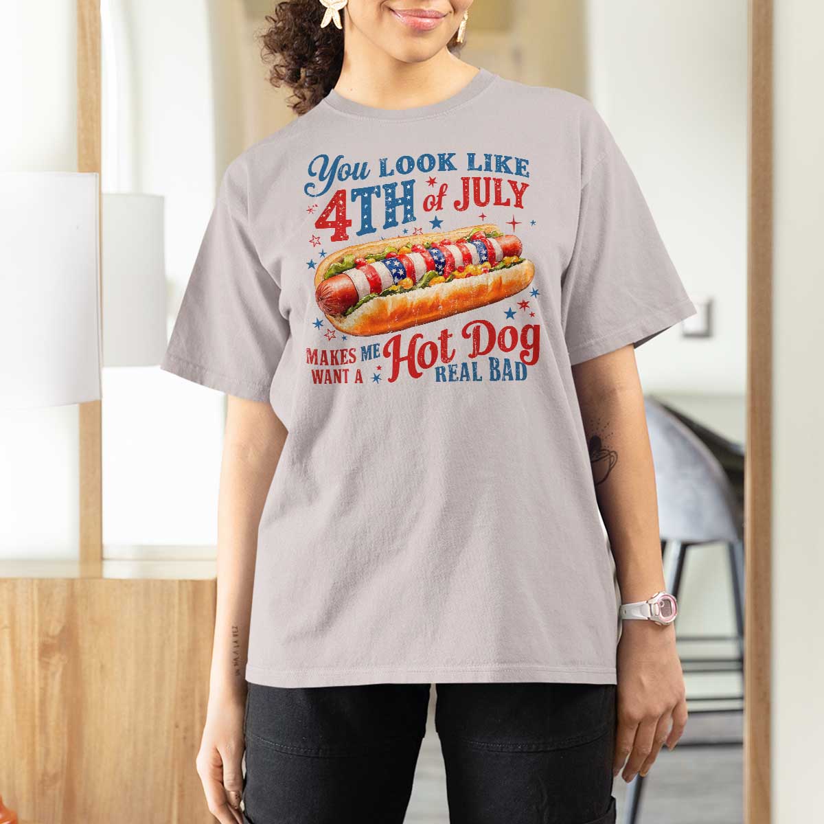 You Look Like 4th of July Hot Dog T Shirt For Women Funny Patriotic Food Meme - Wonder Print Shop