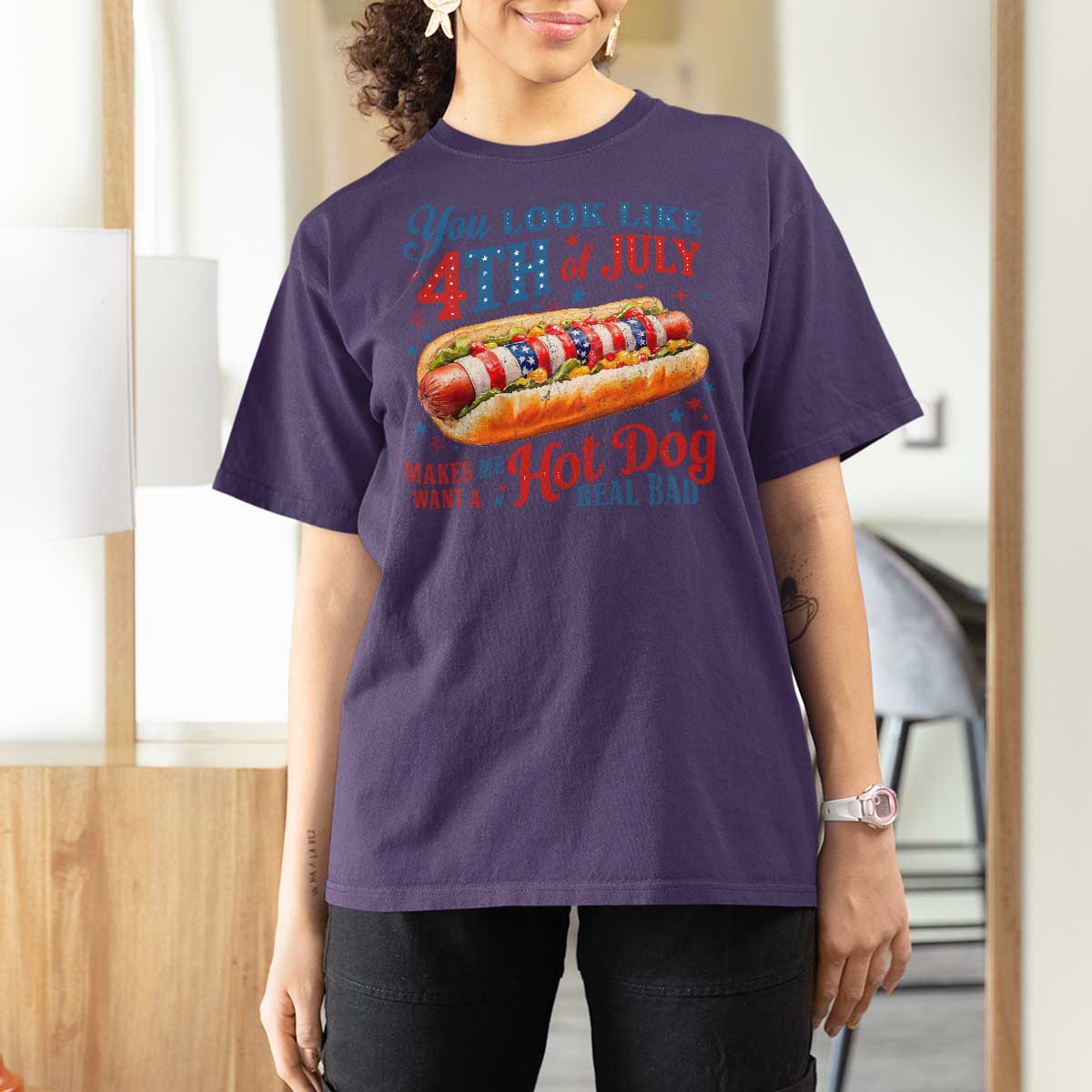 You Look Like 4th of July Hot Dog T Shirt For Women Funny Patriotic Food Meme - Wonder Print Shop
