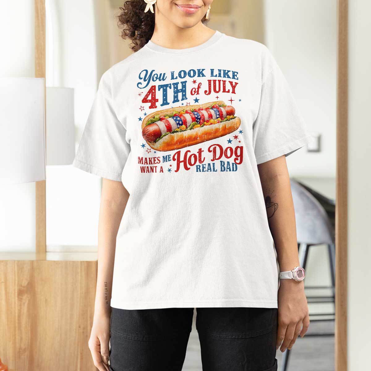 You Look Like 4th of July Hot Dog T Shirt For Women Funny Patriotic Food Meme - Wonder Print Shop