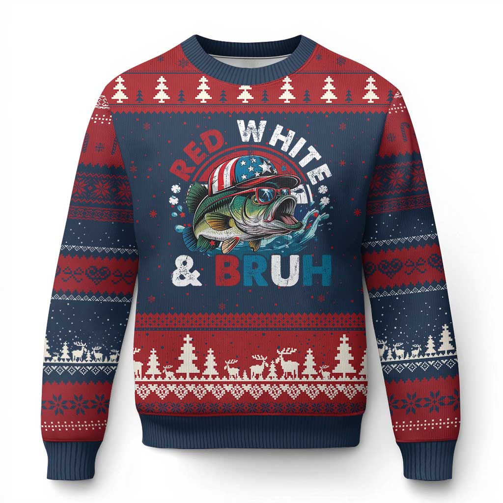 Funny Fishing Ugly Christmas Sweater Red White Bruh Fisherman Gift American Flag - Wonder Print Shop