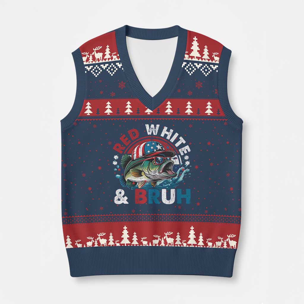 Funny Fishing V-Neck Knit Sweater Vest Red White Bruh Fisherman Gift American Flag - Wonder Print Shop