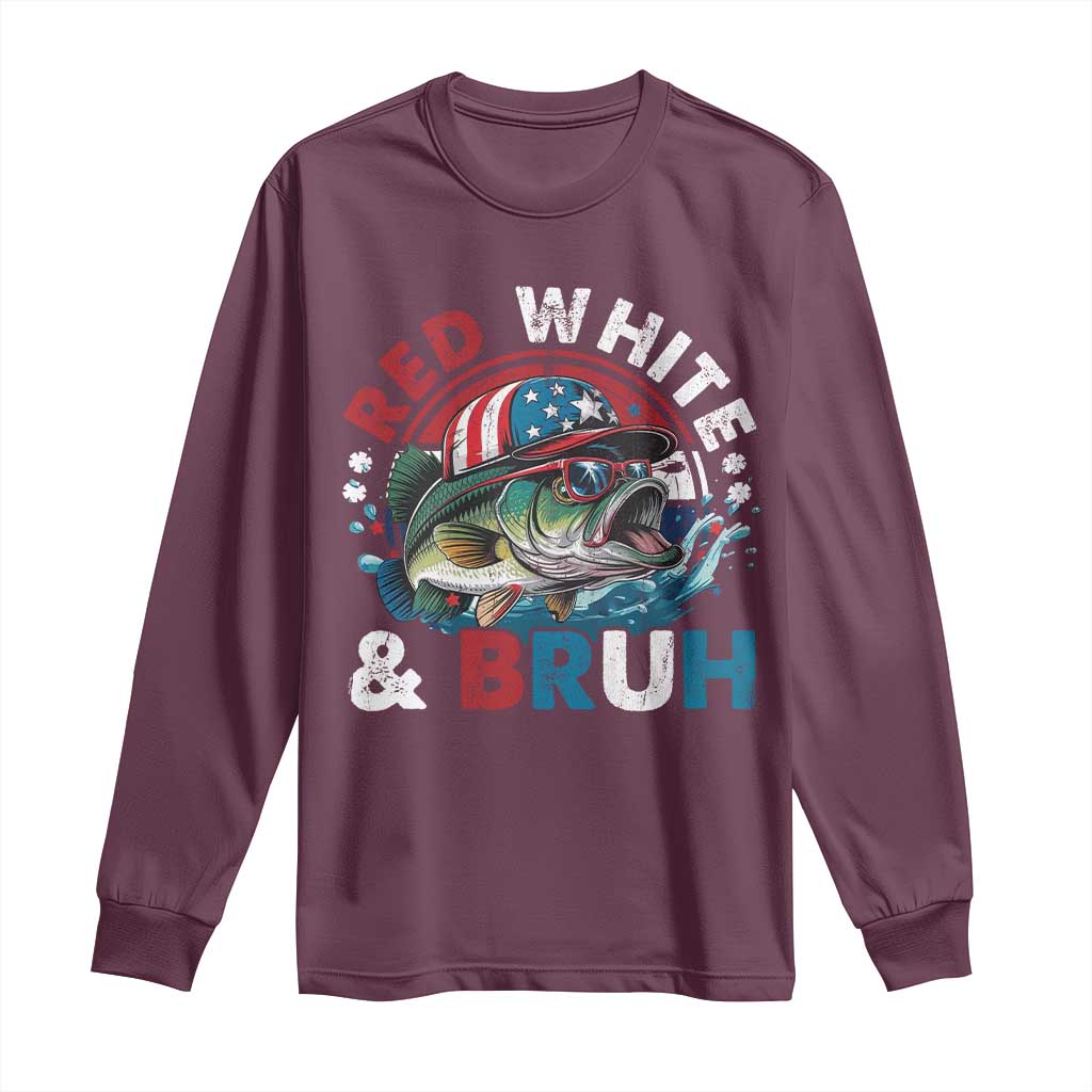 Funny Fishing Long Sleeve Shirt Red White Bruh Fisherman Gift American Flag - Wonder Print Shop