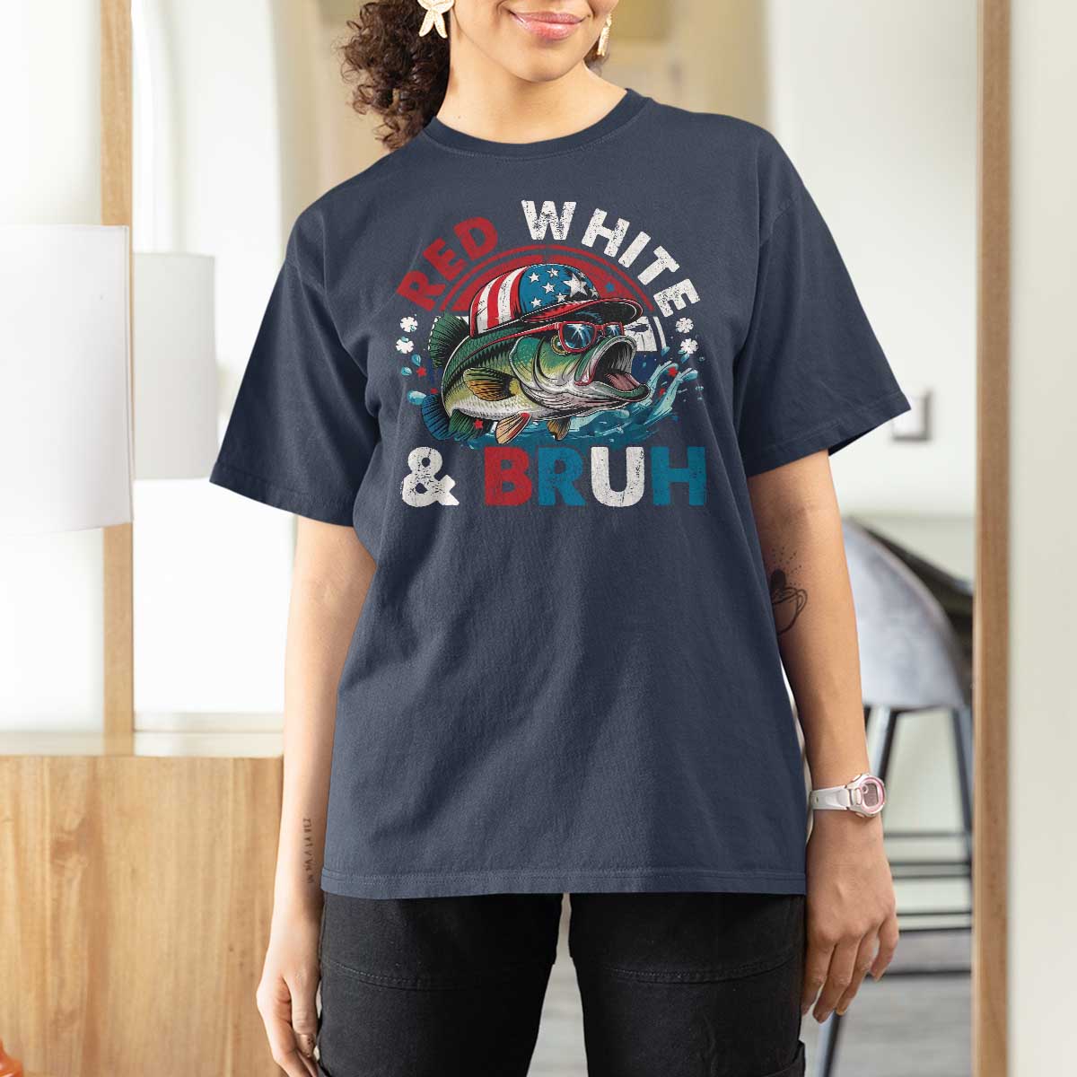 Funny Fishing T Shirt For Women Red White Bruh Fisherman Gift American Flag - Wonder Print Shop