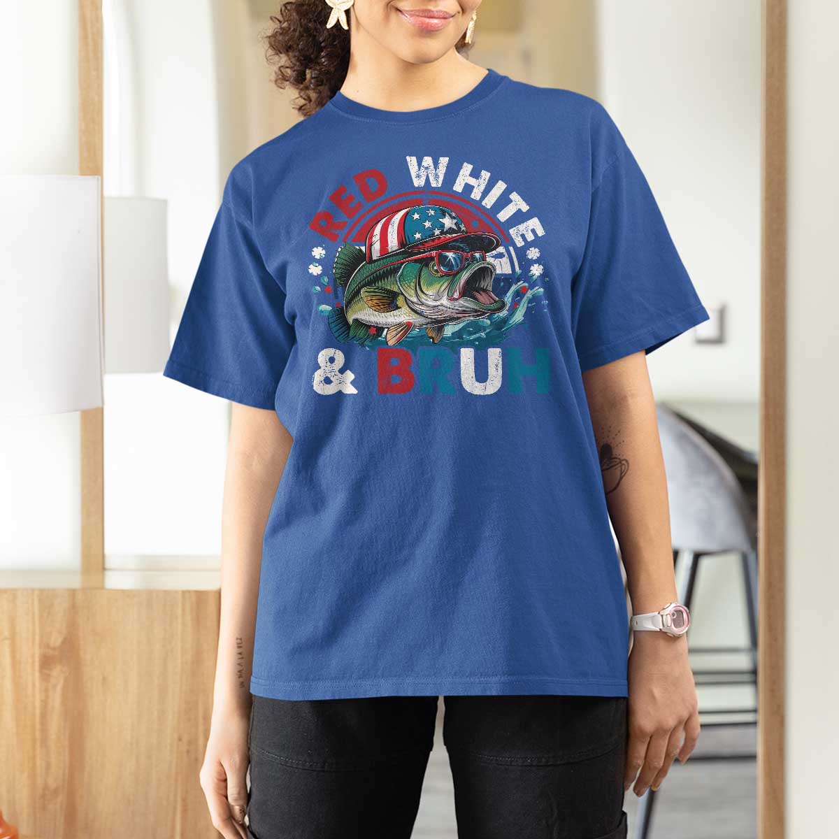 Funny Fishing T Shirt For Women Red White Bruh Fisherman Gift American Flag - Wonder Print Shop