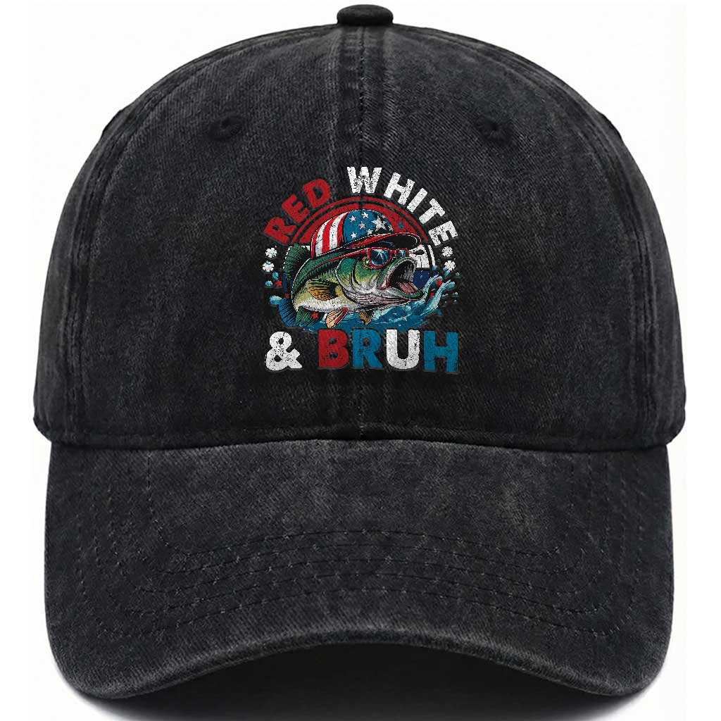 Funny Fishing Washed Cotton Baseball Cap Red White Bruh Fisherman Gift American Flag