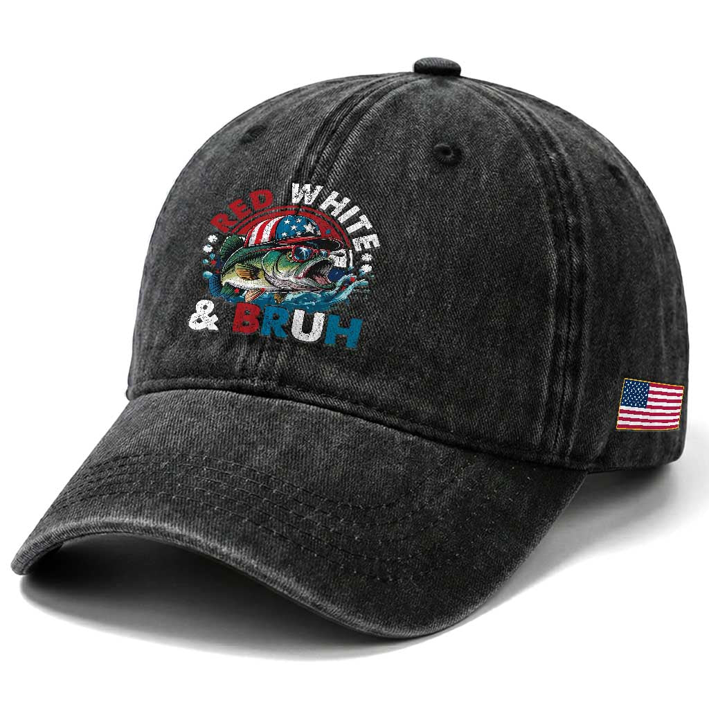 Funny Fishing Washed Cotton Baseball Cap Red White Bruh Fisherman Gift American Flag