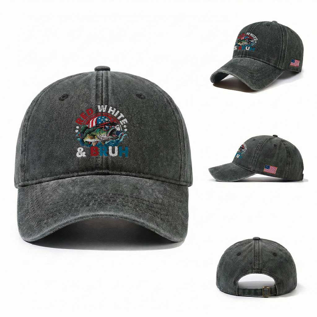 Funny Fishing Washed Cotton Baseball Cap Red White Bruh Fisherman Gift American Flag