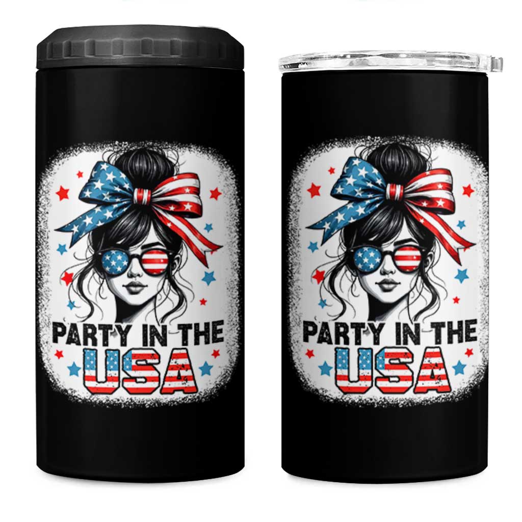 Party In USA Girls 4th of July 4 in 1 Can Cooler Tumbler Messy Bun USA - Wonder Print Shop