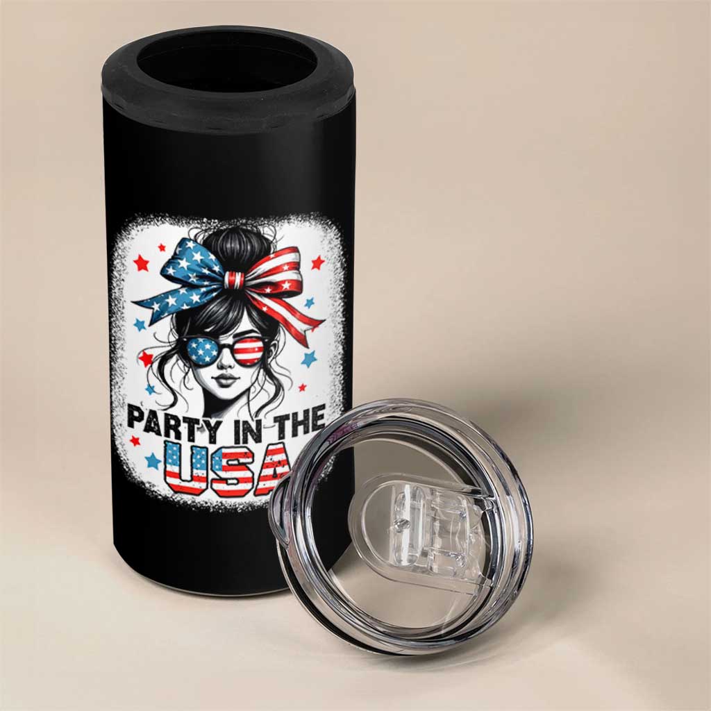 Party In USA Girls 4th of July 4 in 1 Can Cooler Tumbler Messy Bun USA - Wonder Print Shop