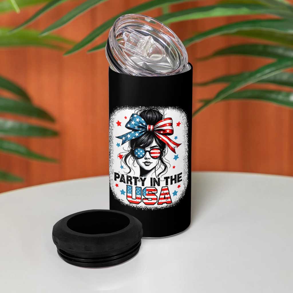 Party In USA Girls 4th of July 4 in 1 Can Cooler Tumbler Messy Bun USA - Wonder Print Shop