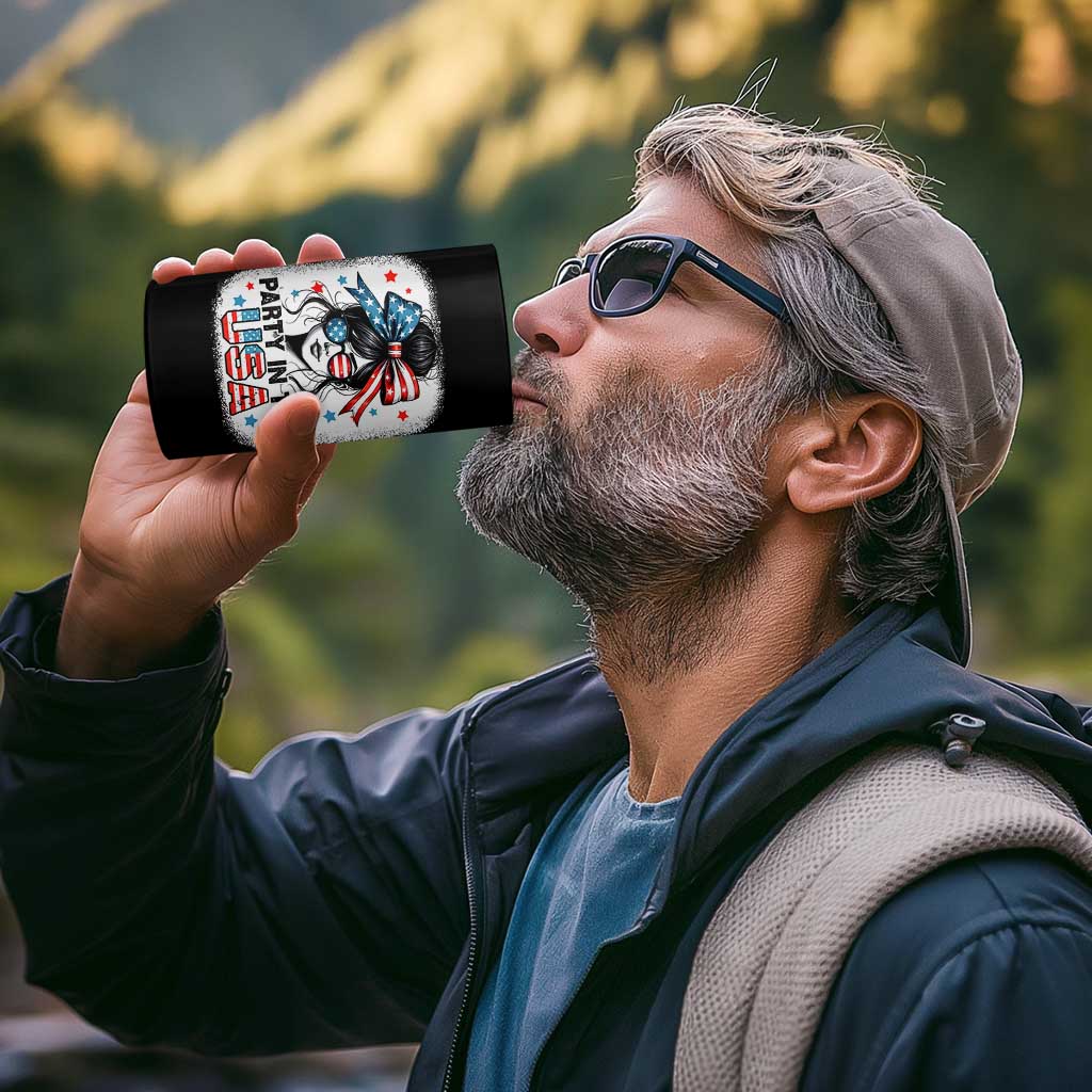 Party In USA Girls 4th of July 4 in 1 Can Cooler Tumbler Messy Bun USA - Wonder Print Shop