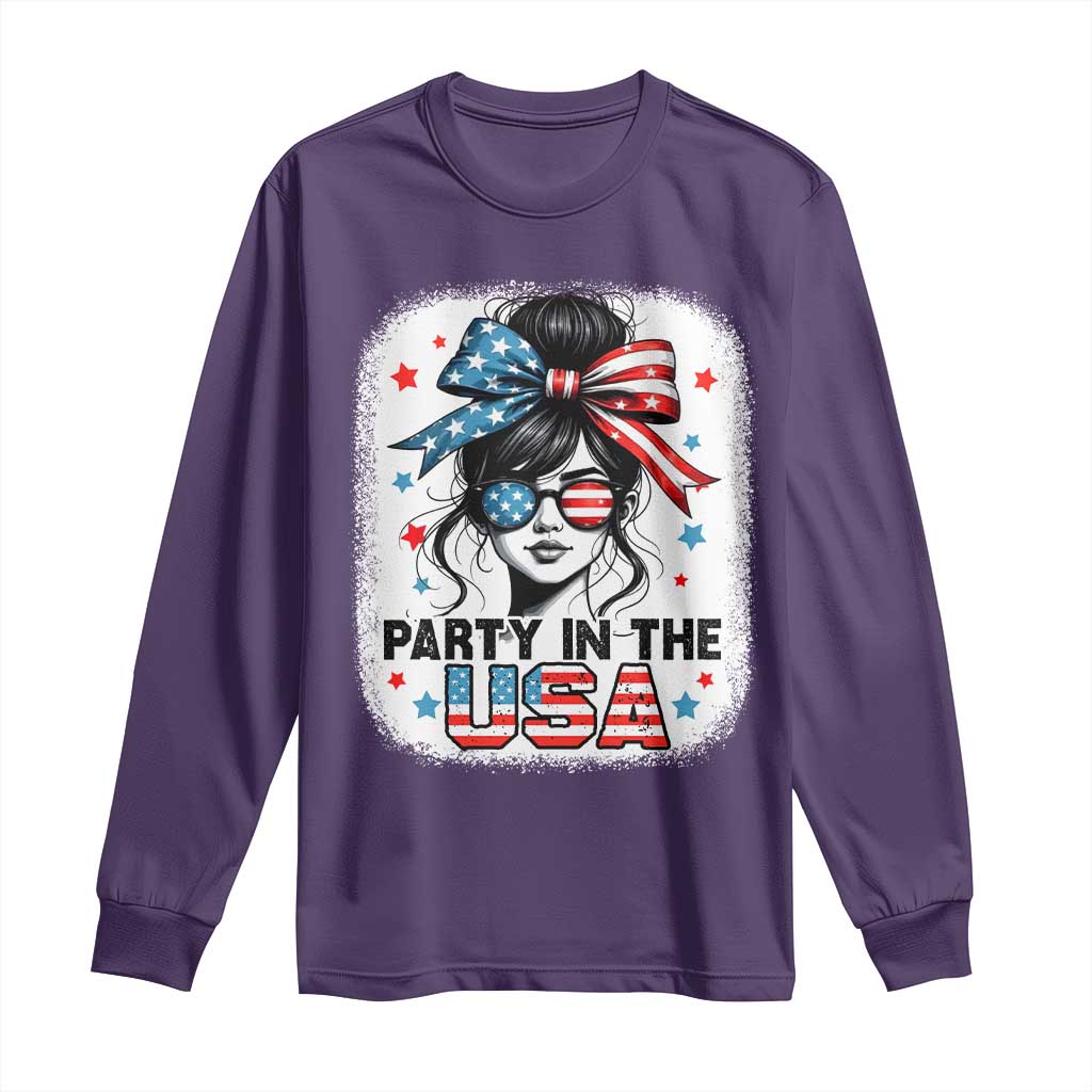 Party In USA Girls 4th of July Long Sleeve Shirt Messy Bun USA - Wonder Print Shop
