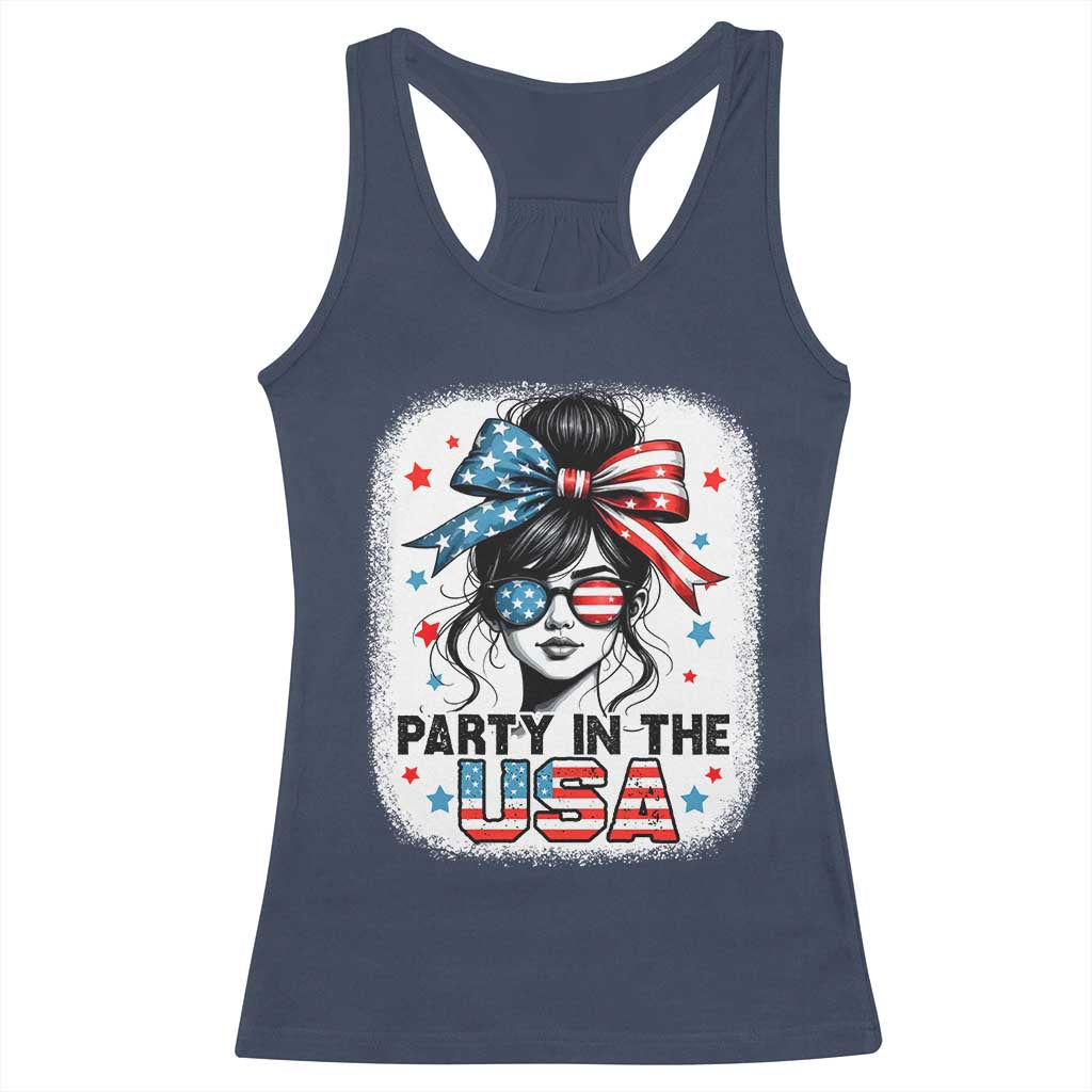 Party In USA Girls 4th of July Racerback Tank Top Messy Bun USA - Wonder Print Shop