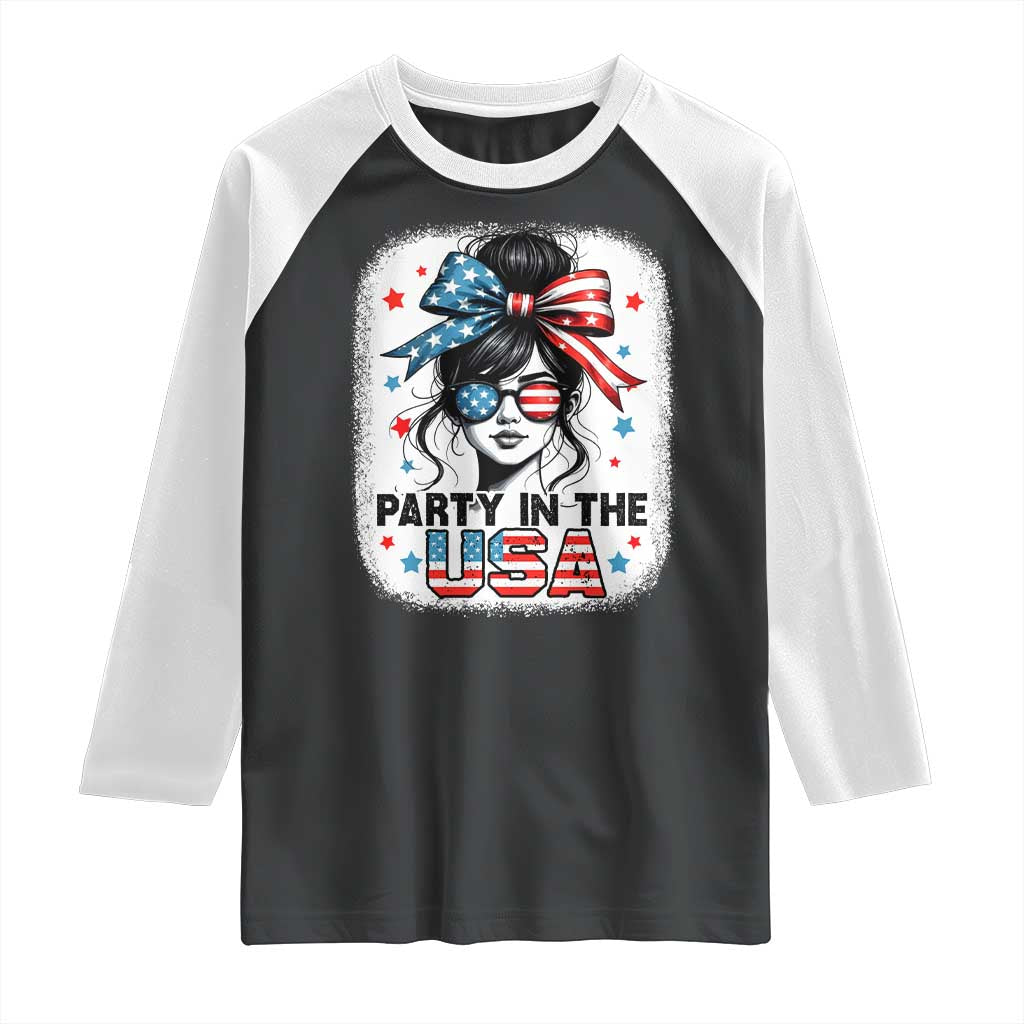 Party In USA Girls 4th of July Raglan Shirt Messy Bun USA - Wonder Print Shop