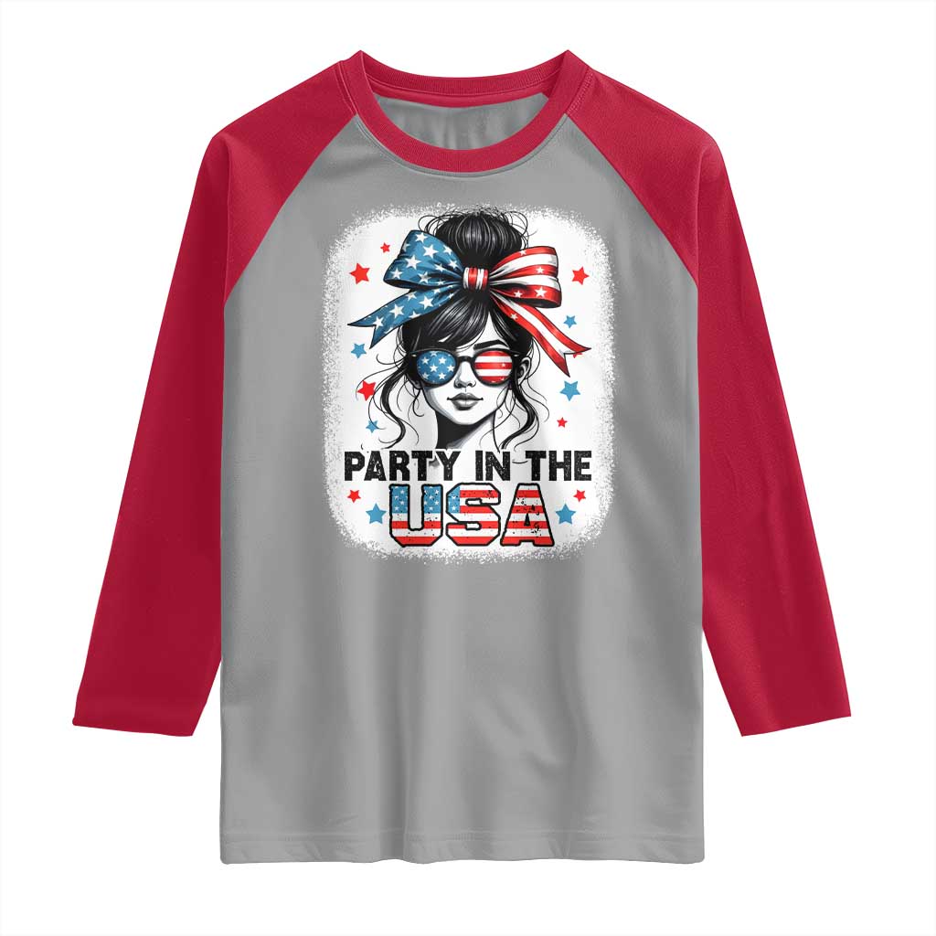 Party In USA Girls 4th of July Raglan Shirt Messy Bun USA - Wonder Print Shop