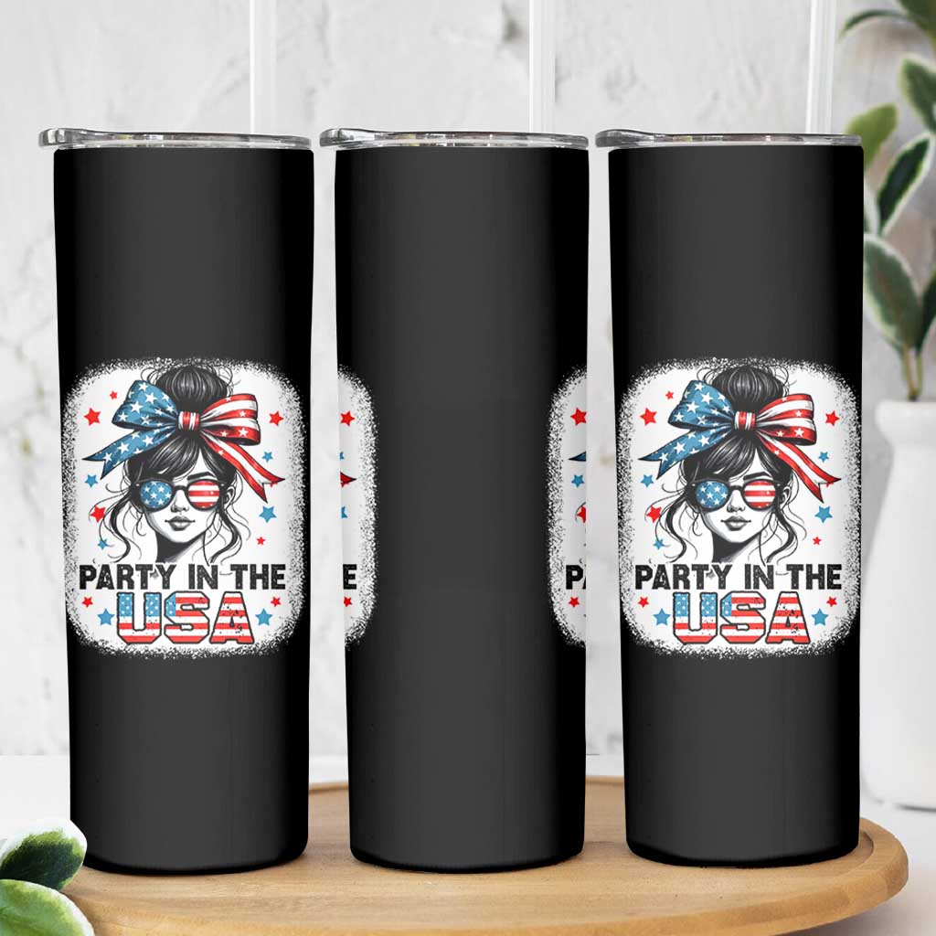 Party In USA Girls 4th of July Skinny Tumbler Messy Bun USA - Wonder Print Shop