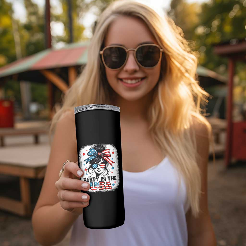 Party In USA Girls 4th of July Skinny Tumbler Messy Bun USA - Wonder Print Shop