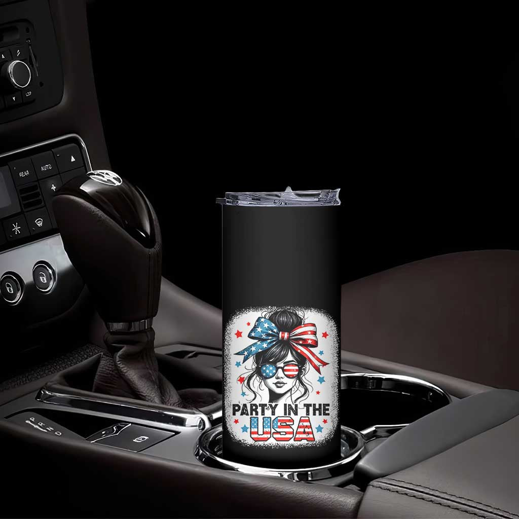 Party In USA Girls 4th of July Skinny Tumbler Messy Bun USA - Wonder Print Shop