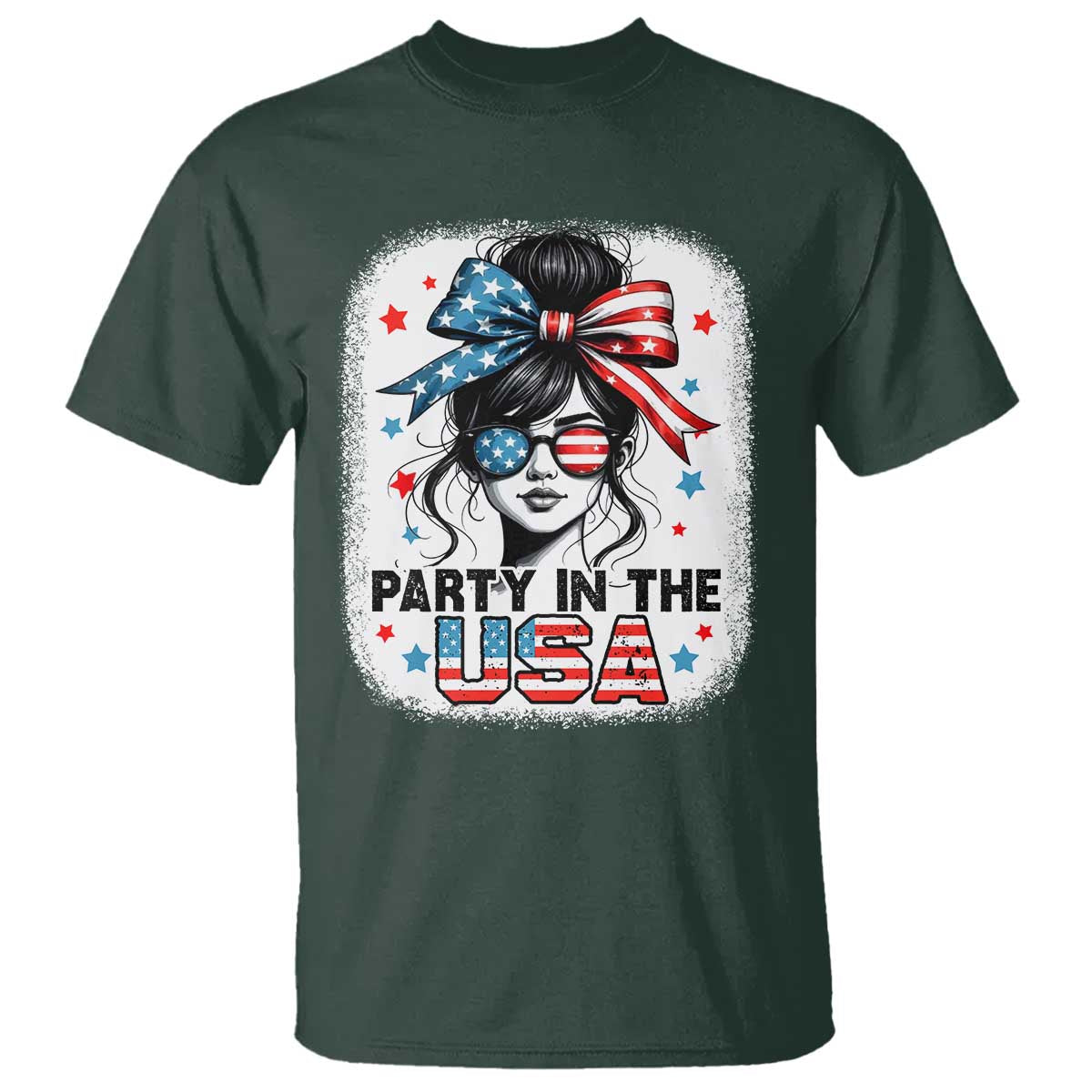 Party In USA Girls 4th of July T Shirt Messy Bun USA - Wonder Print Shop
