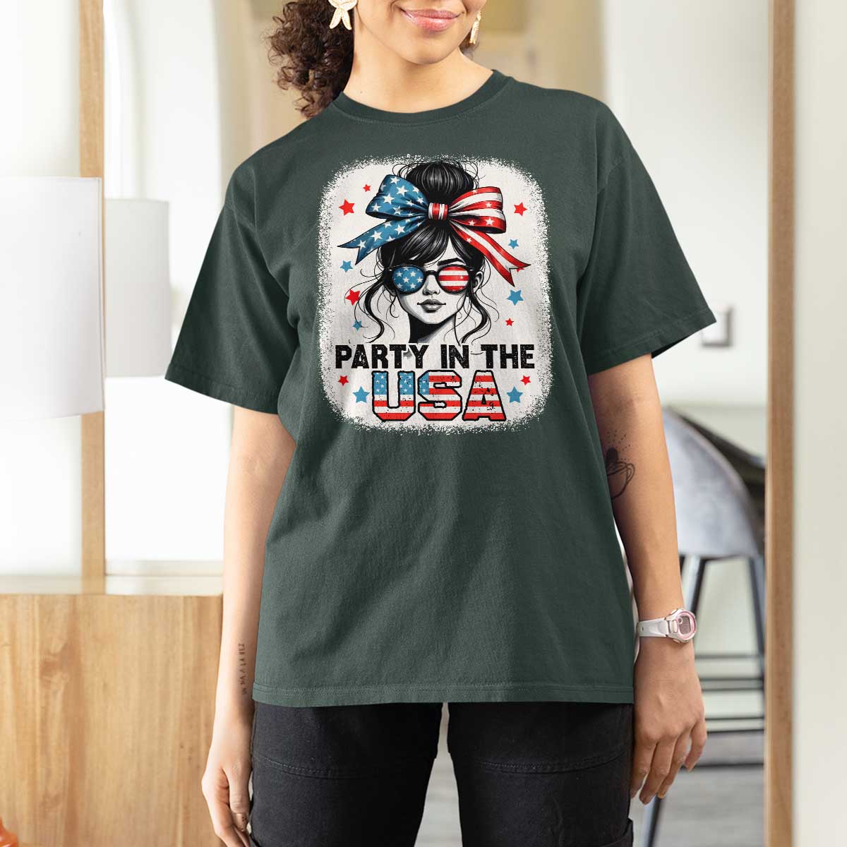 Party In USA Girls 4th of July T Shirt For Women Messy Bun USA - Wonder Print Shop