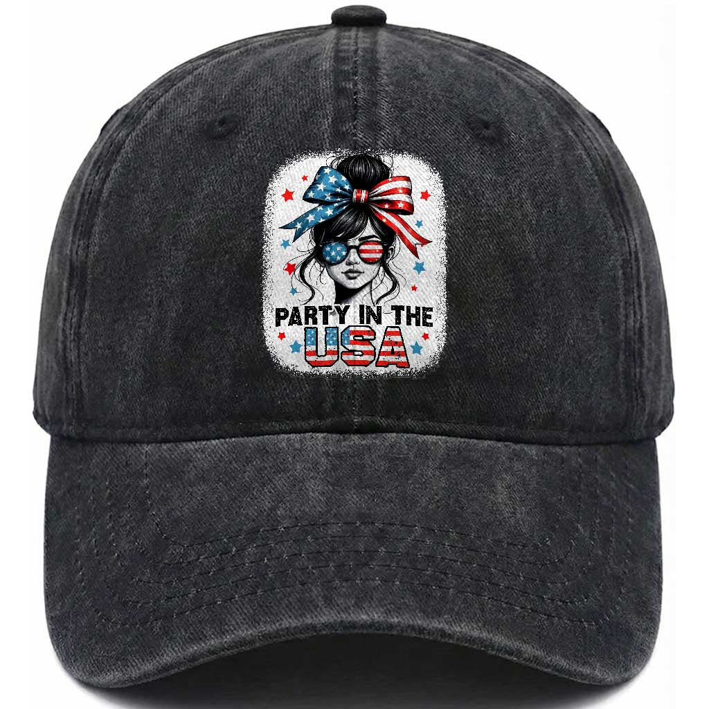 Party In USA Girls 4th of July Washed Cotton Baseball Cap Messy Bun USA