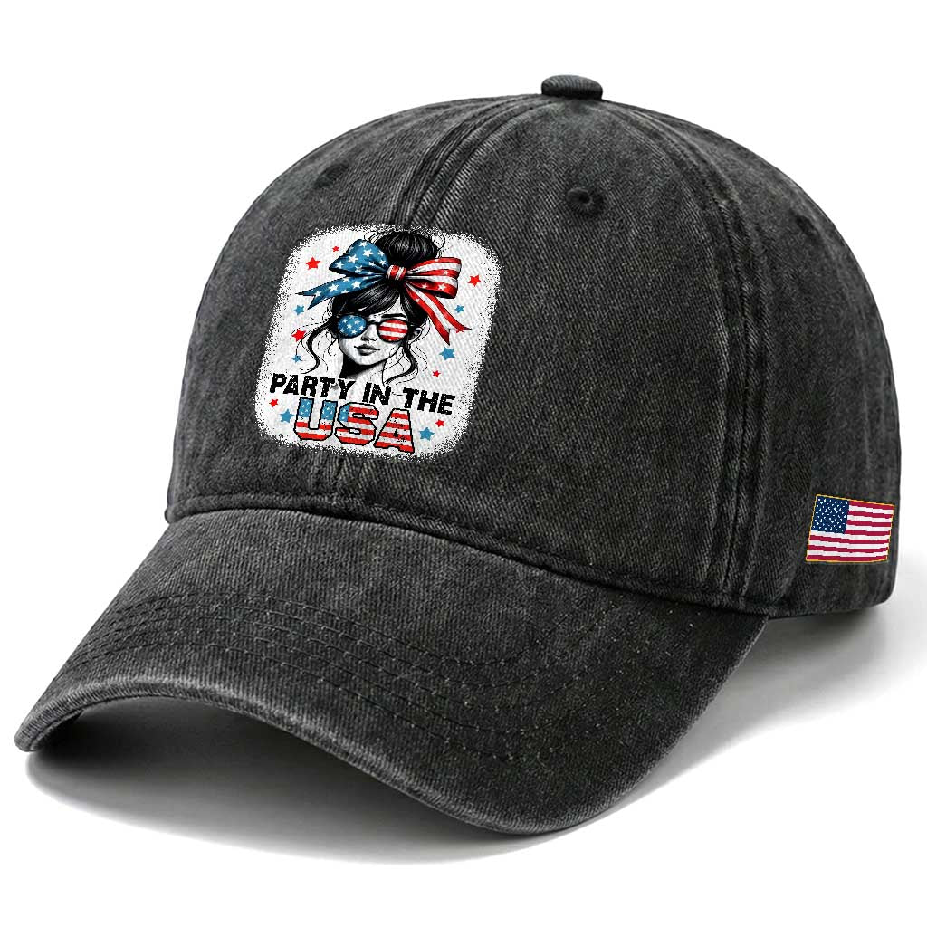 Party In USA Girls 4th of July Washed Cotton Baseball Cap Messy Bun USA