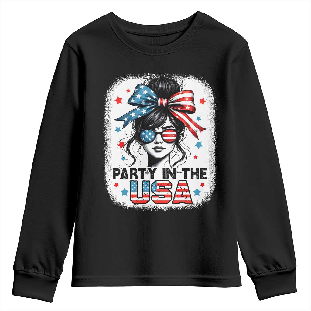 Party In USA Girls 4th of July Youth Sweatshirt Messy Bun USA - Wonder Print Shop