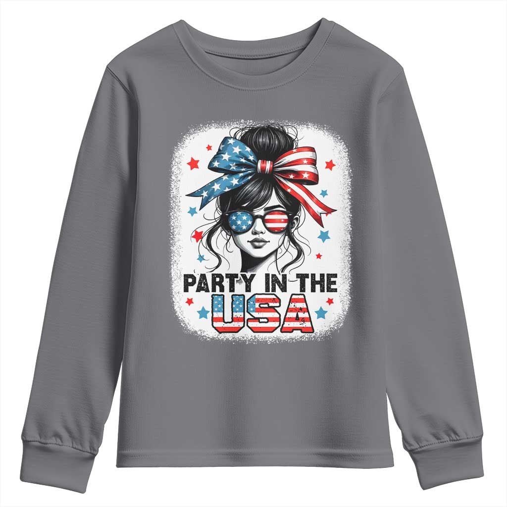 Party In USA Girls 4th of July Youth Sweatshirt Messy Bun USA - Wonder Print Shop
