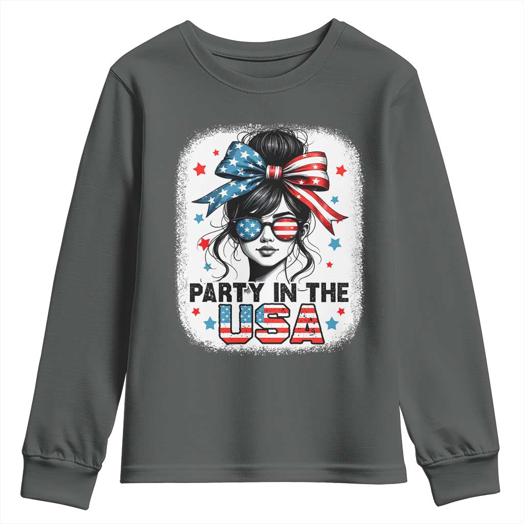 Party In USA Girls 4th of July Youth Sweatshirt Messy Bun USA - Wonder Print Shop