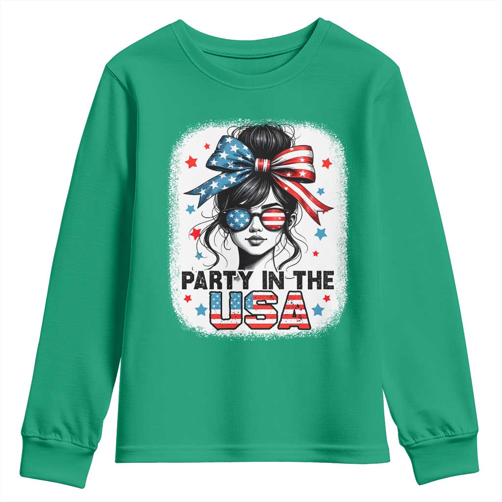 Party In USA Girls 4th of July Youth Sweatshirt Messy Bun USA - Wonder Print Shop