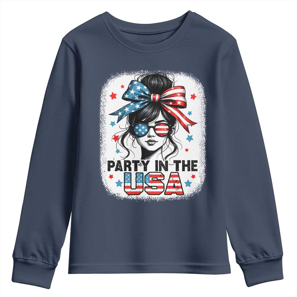 Party In USA Girls 4th of July Youth Sweatshirt Messy Bun USA - Wonder Print Shop