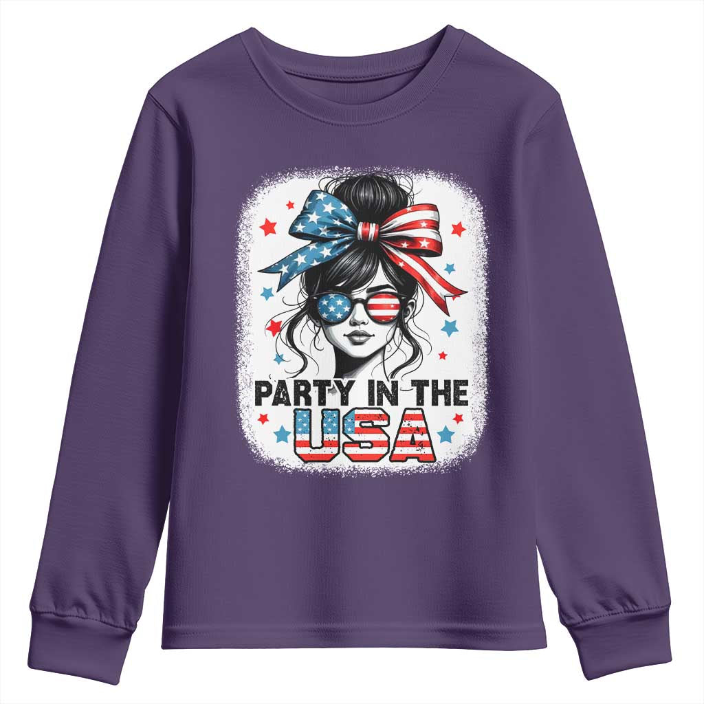 Party In USA Girls 4th of July Youth Sweatshirt Messy Bun USA - Wonder Print Shop