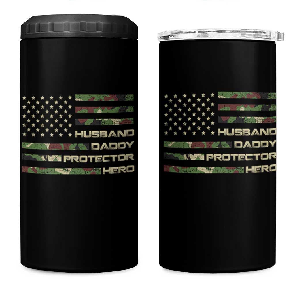 Husband Daddy Protector Hero 4 in 1 Can Cooler Tumbler Camo American Flag Fathers Day Gifts For Husband Hubby Dad