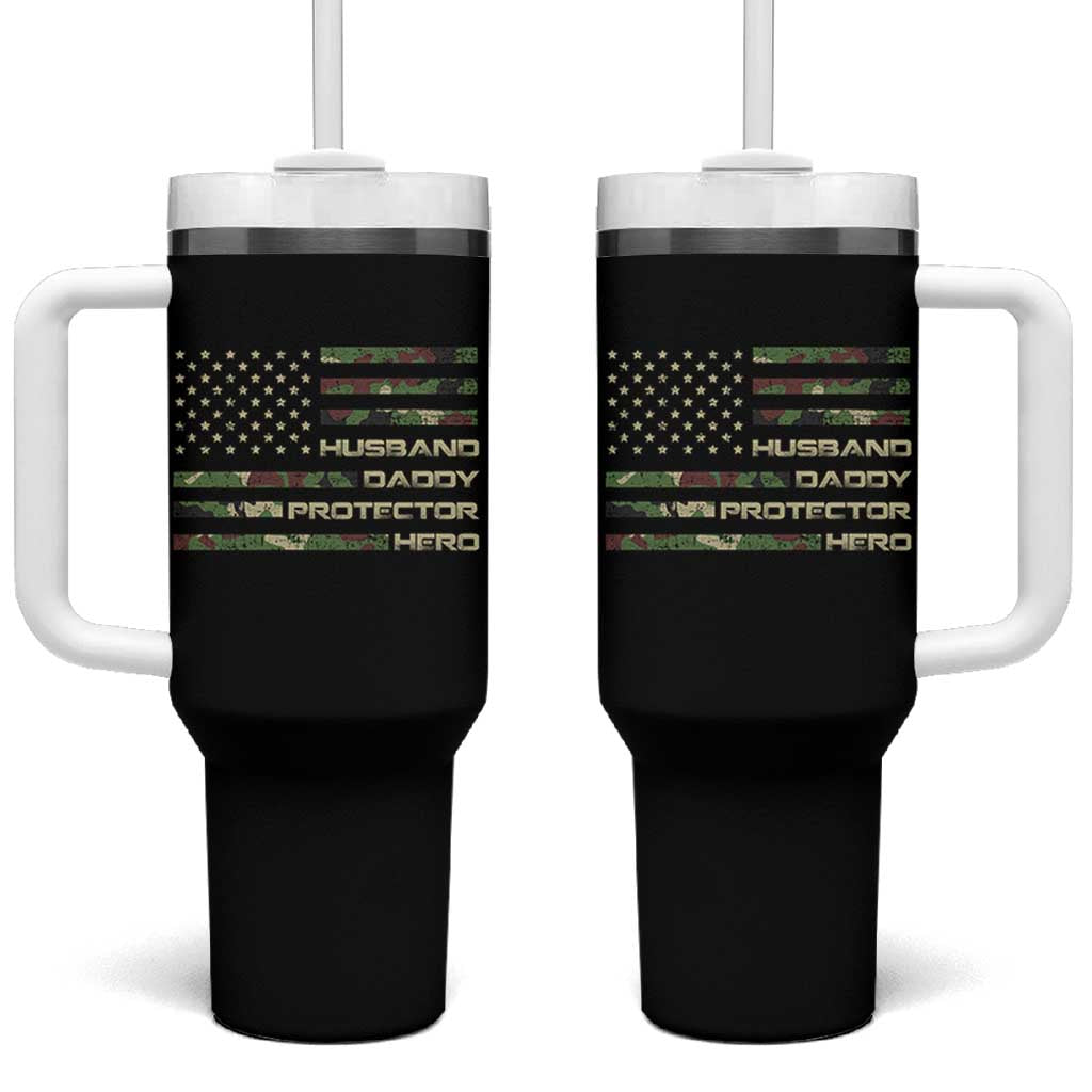 Husband Daddy Protector Hero Tumbler With Handle Camo American Flag Fathers Day Gifts For Husband Hubby Dad