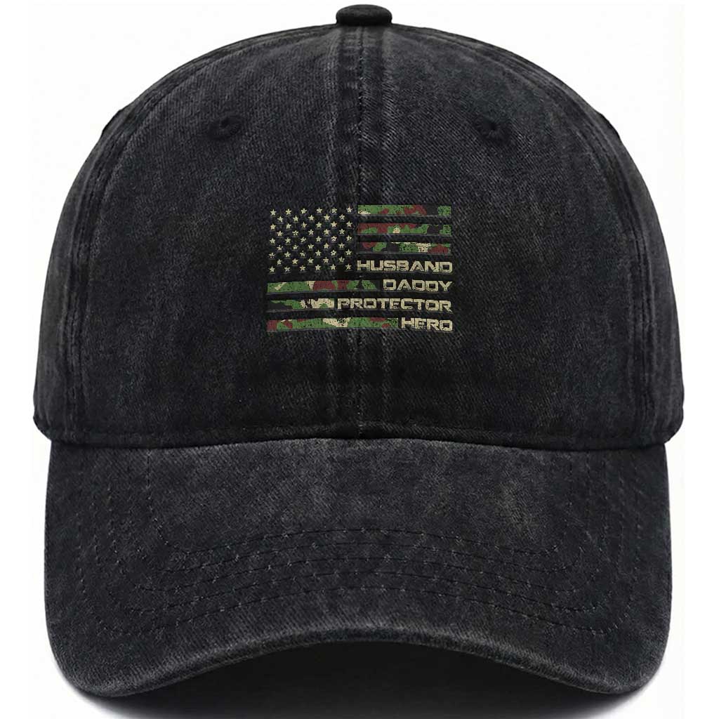 Husband Daddy Protector Hero Washed Cotton Baseball Cap Camo American Flag Fathers Day Gifts For Husband Hubby Dad