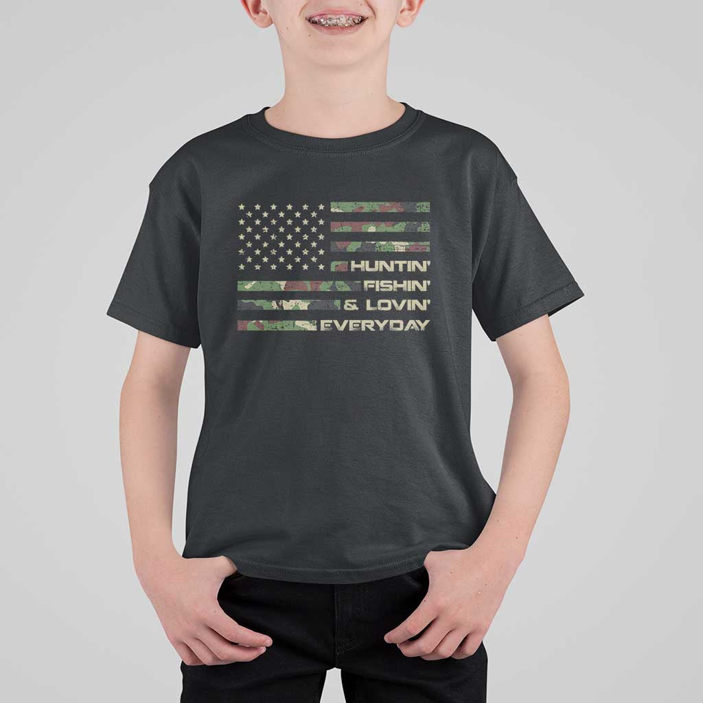 Hunting Fishing Loving T Shirt For Kid Hunter Fisher Camo American Flag