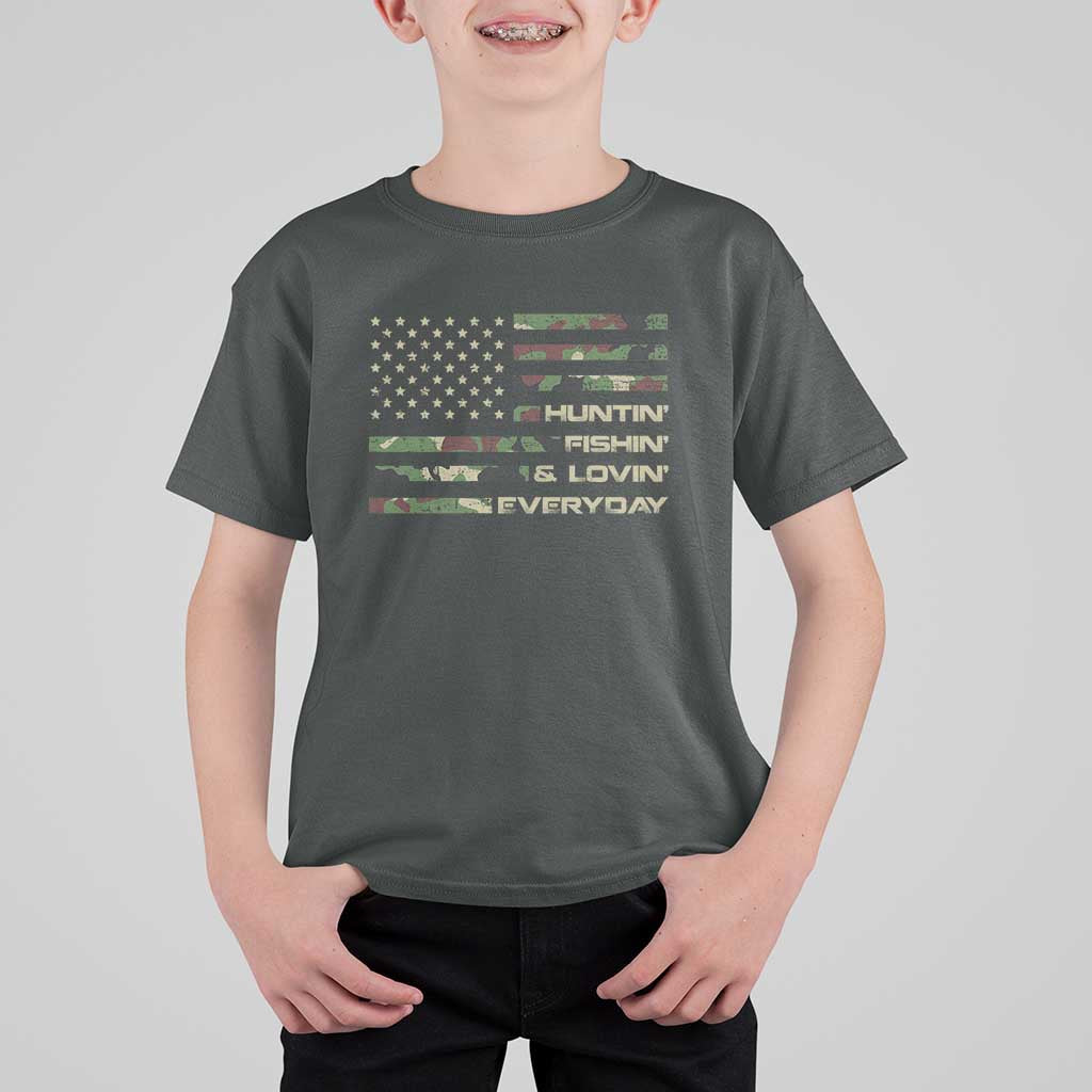 Hunting Fishing Loving T Shirt For Kid Hunter Fisher Camo American Flag