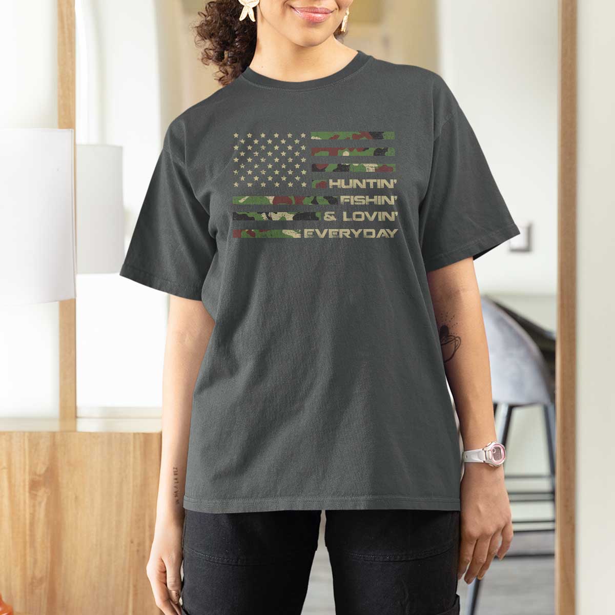 Hunting Fishing Loving T Shirt For Women Hunter Fisher Camo American Flag