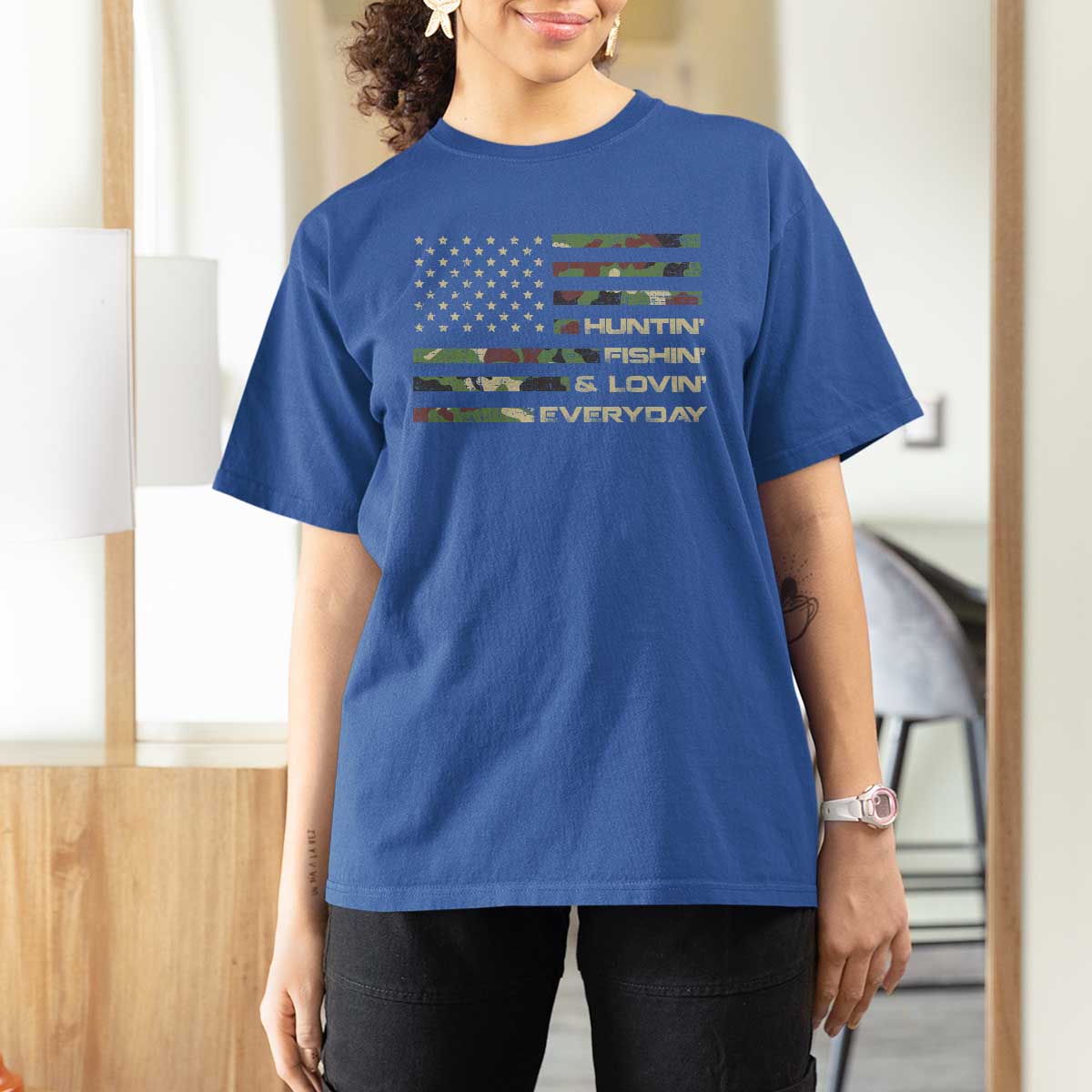Hunting Fishing Loving T Shirt For Women Hunter Fisher Camo American Flag