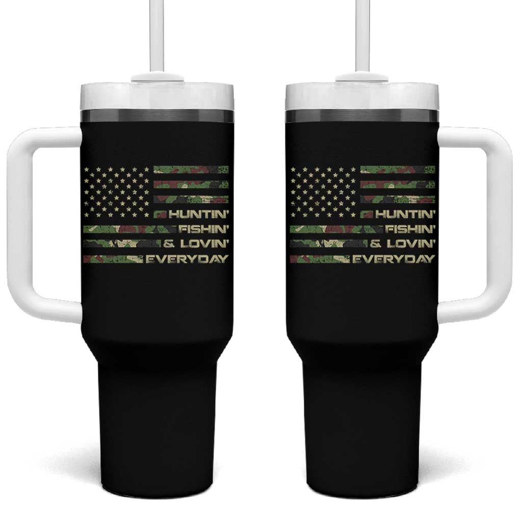 Hunting Fishing Loving Tumbler With Handle Hunter Fisher Camo American Flag