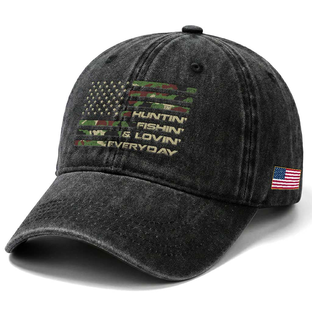 Hunting Fishing Loving Washed Cotton Baseball Cap Hunter Fisher Camo American Flag
