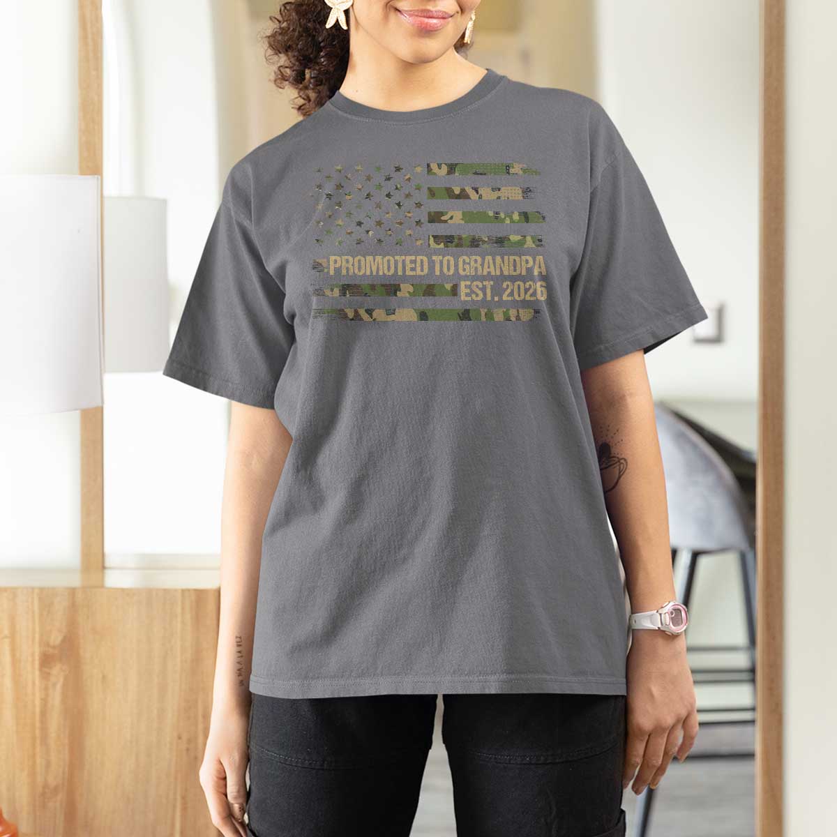 Promoted To Grandpa Est. 2026 T Shirt For Women Retro Camo American Flag - Wonder Print Shop