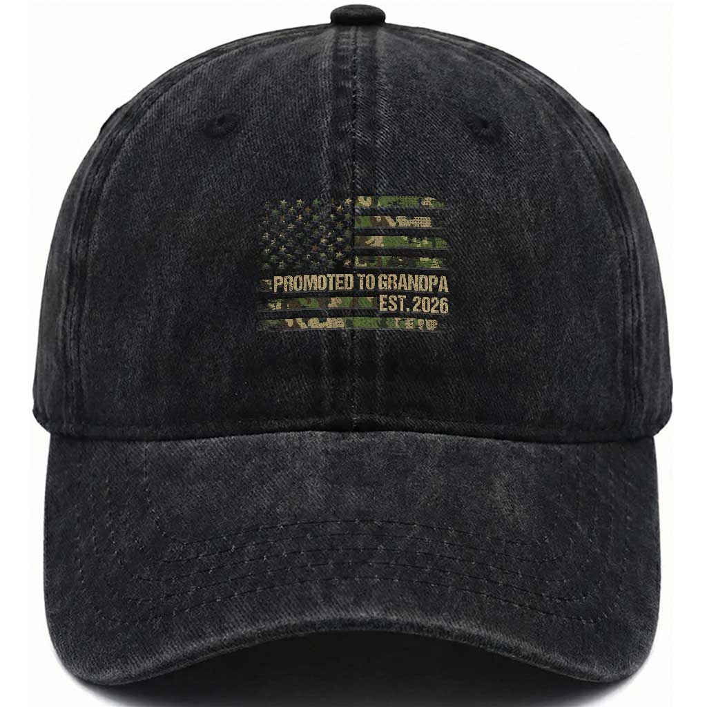 Promoted To Grandpa Est. 2026 Washed Cotton Baseball Cap Retro Camo American Flag