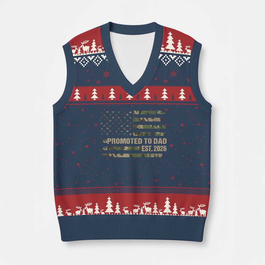 Promoted To Dad Est 2026 V-Neck Knit Sweater Vest Retro Camo American Flag
