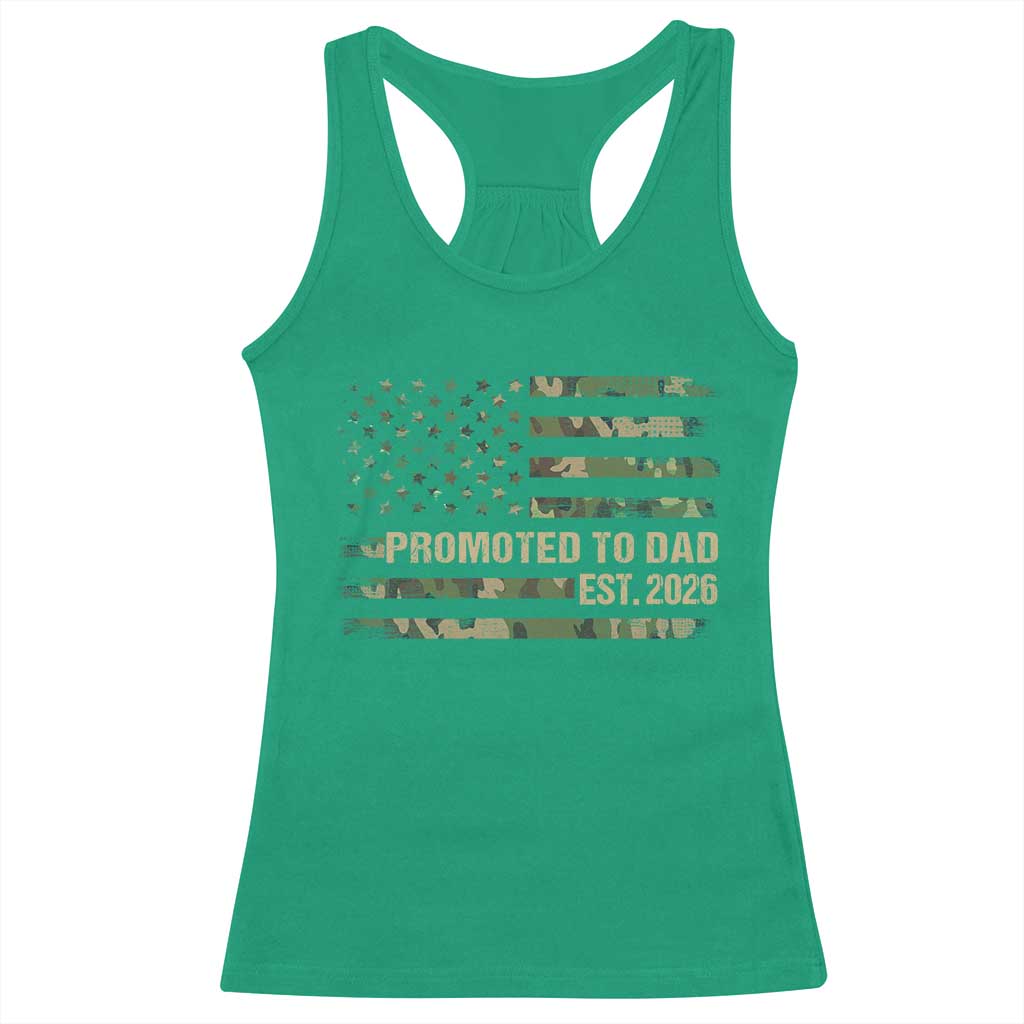 Promoted To Dad Est 2026 Racerback Tank Top Retro Camo American Flag