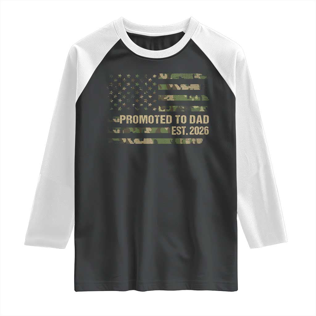 Promoted To Dad Est 2026 Raglan Shirt Retro Camo American Flag