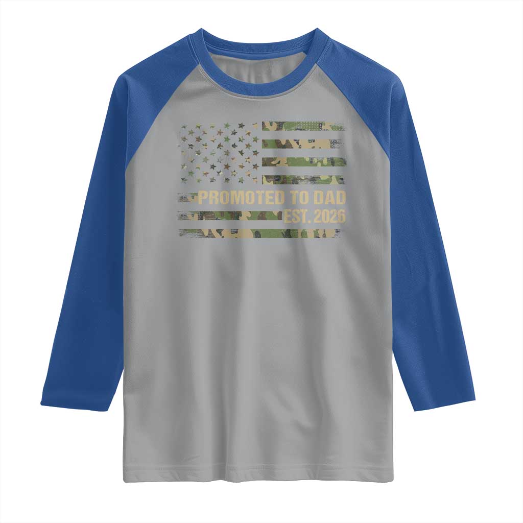 Promoted To Dad Est 2026 Raglan Shirt Retro Camo American Flag