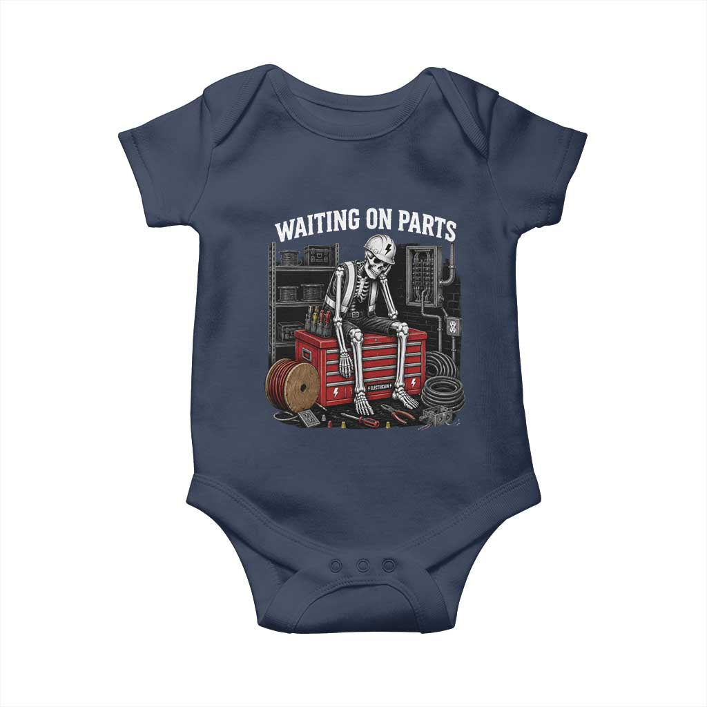 Electrician Skeleton Baby Onesie Waiting On Parts Funny Graphic